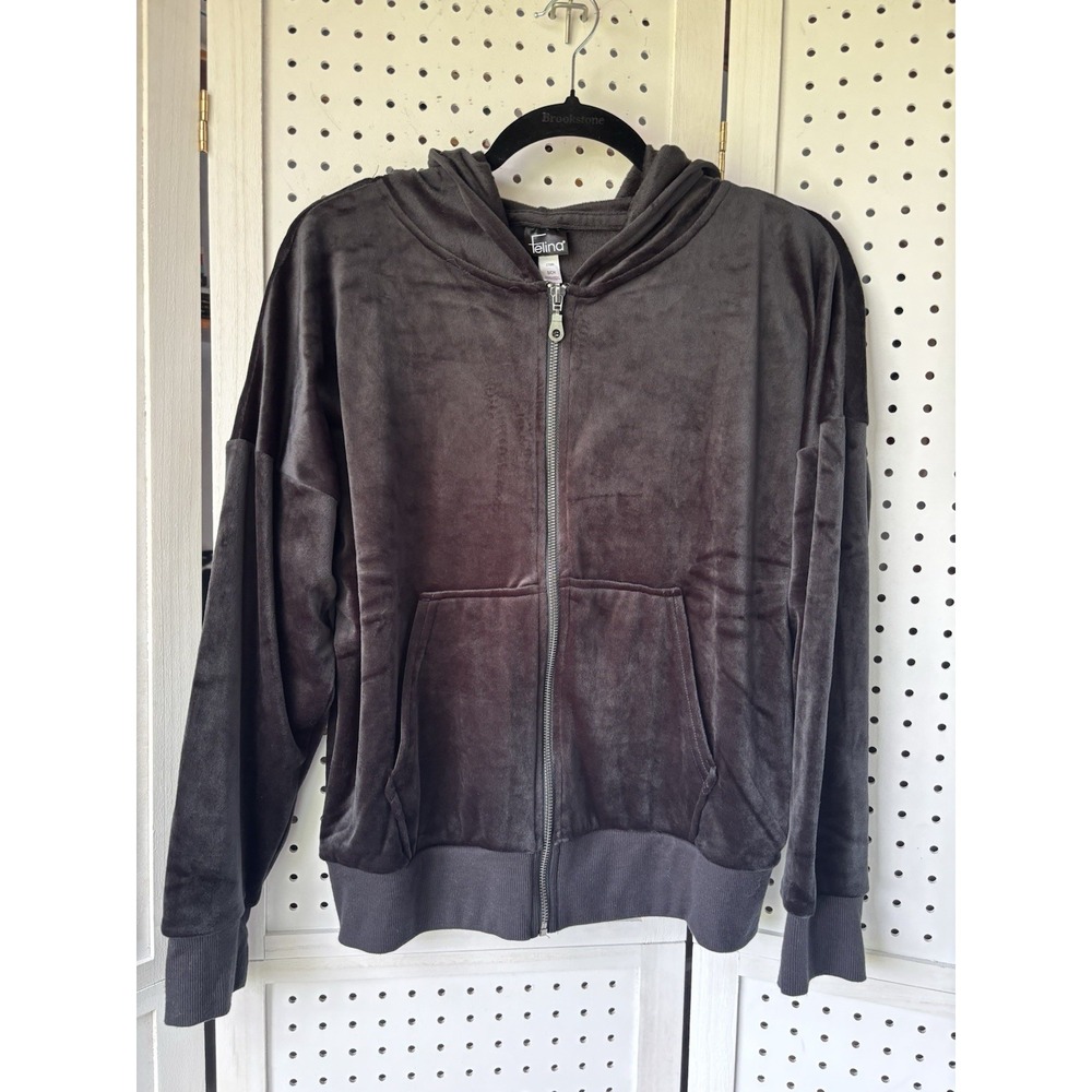 Felina‎ Hooded Zip Up Velour Sweatshirt Women's Size Small Black